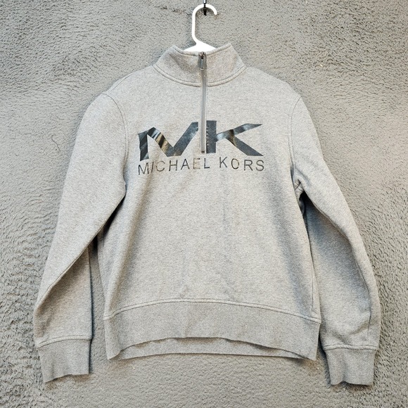 Michael Kors Sweater Mens Medium Gray Quarter Zip Pullover MK Logo Collar Cotton - Picture 1 of 7